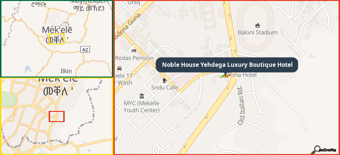 Map showing the address of Noble House Yehdega Luxury Boutique Hotel in three different zoom levels.