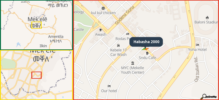 Map showing the address of Habasha 2000 in three different zoom levels.