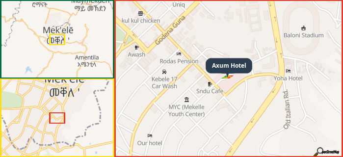 Map showing the address of Axum Hotel in three different zoom levels.