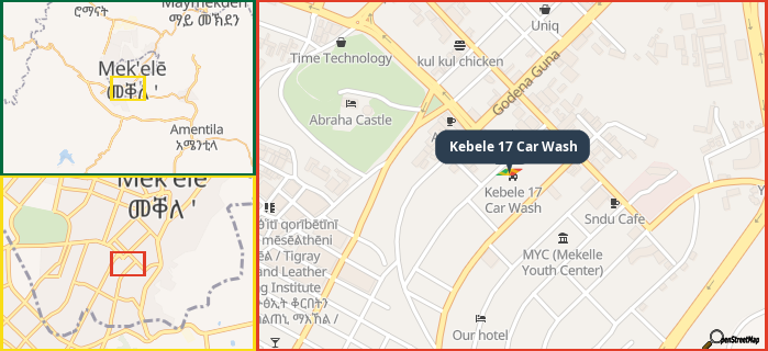 Map showing the address of Kebele 17 Car Wash in three different zoom levels.