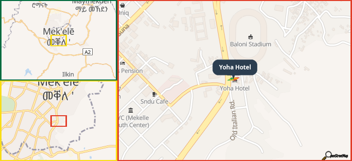 Map showing the address of Yoha Hotel in three different zoom levels.