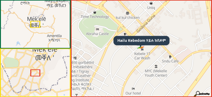 Map showing the address of Hailu Kebedom ሃይሉ ከበዶም in three different zoom levels.