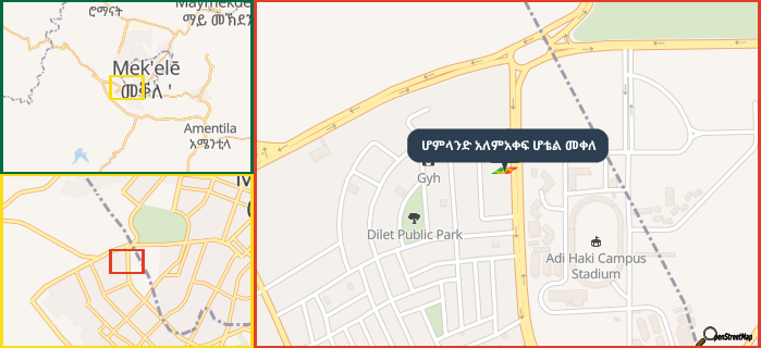 Map showing the address of ሆምላንድ አለምአቀፍ ሆቴል መቀለ in three different zoom levels.
