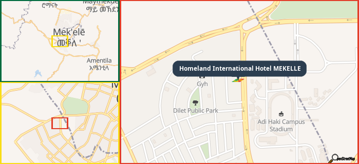 Map showing the address of Homeland International Hotel MEKELLE in three different zoom levels.