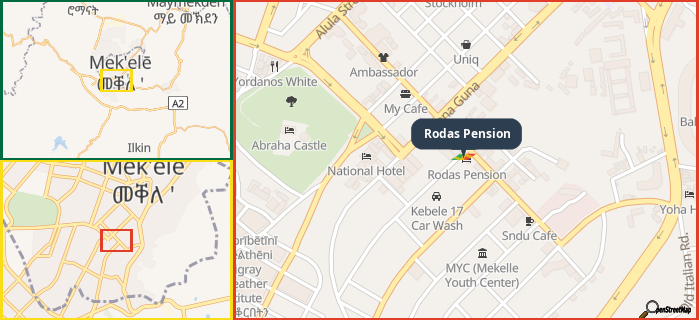 Map showing the address of Rodas Pension in three different zoom levels.