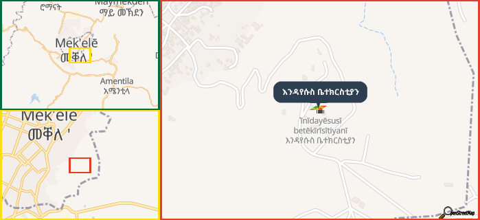 Map showing the address of እንዳየሱስ ቤተክርስቲያን in three different zoom levels.