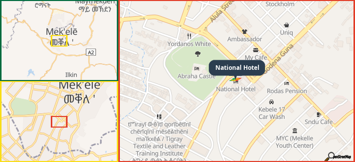 Map showing the address of National Hotel in three different zoom levels.