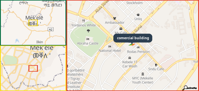 Map showing the address of comercial building in three different zoom levels.