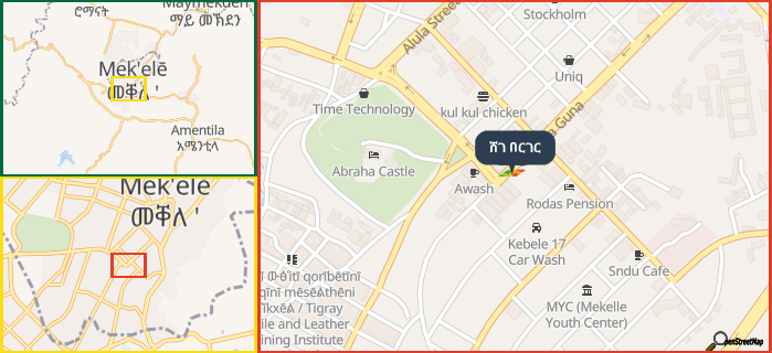 Map showing the address of ሸገ በርገር in three different zoom levels.
