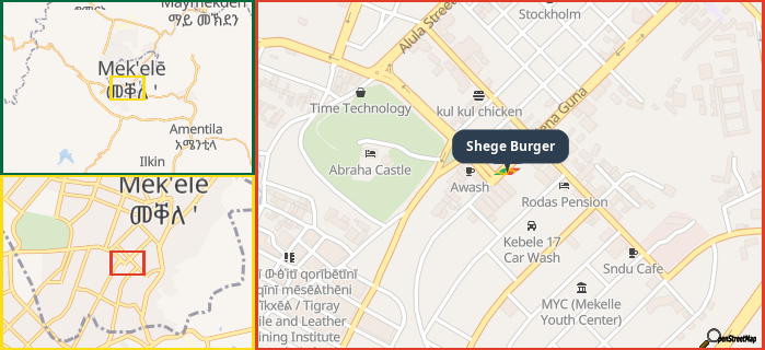 Map showing the address of Shege Burger in three different zoom levels.