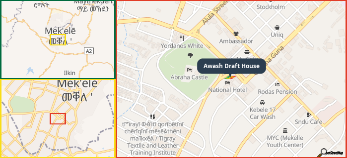 Map showing the address of Awash Draft House in three different zoom levels.