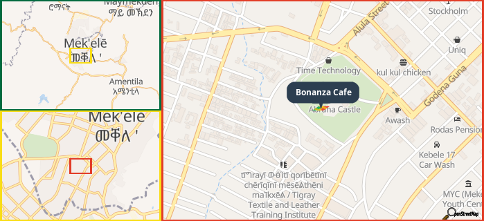 Map showing the address of Bonanza Cafe in three different zoom levels.