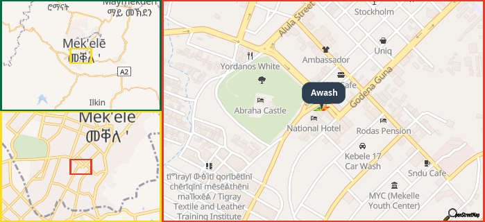 Map showing the address of Awash in three different zoom levels.