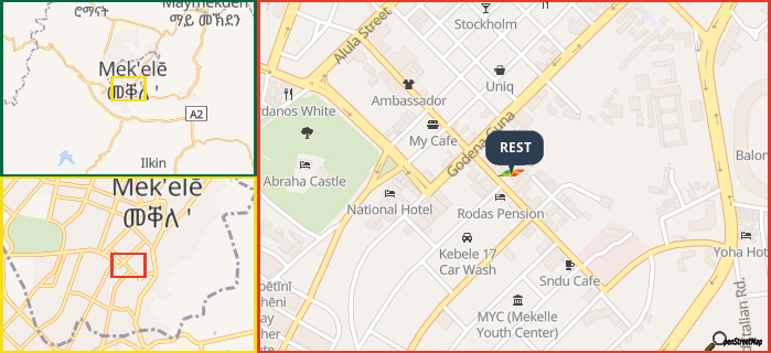 Map showing the address of REST in three different zoom levels.