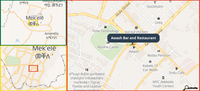 Map showing the address of Awash Bar and Restaurant in three different zoom levels.