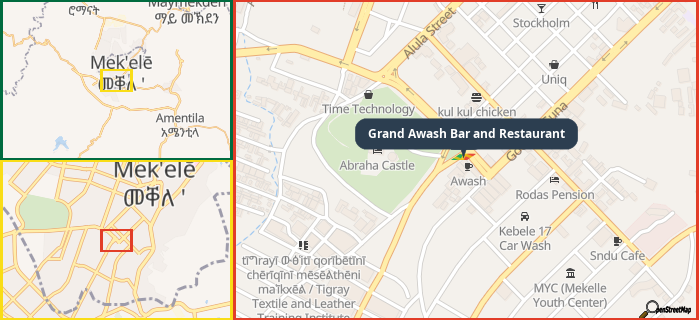 Map showing the address of Grand Awash Bar and Restaurant in three different zoom levels.