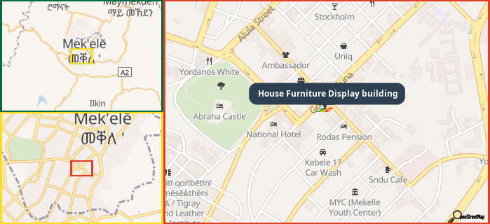 Map showing the address of House Furniture Display building in three different zoom levels.