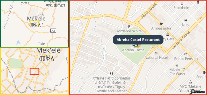 Map showing the address of Abreha Castel Resturant in three different zoom levels.