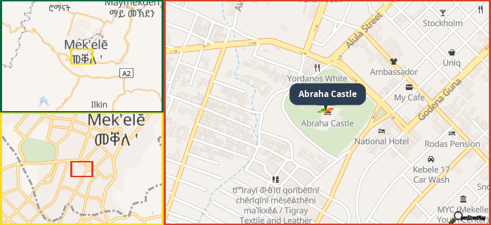 Map showing the address of Abraha Castle in three different zoom levels.