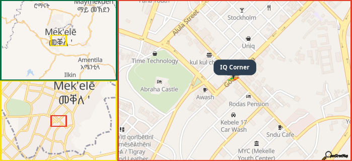 Map showing the address of IQ Corner in three different zoom levels.