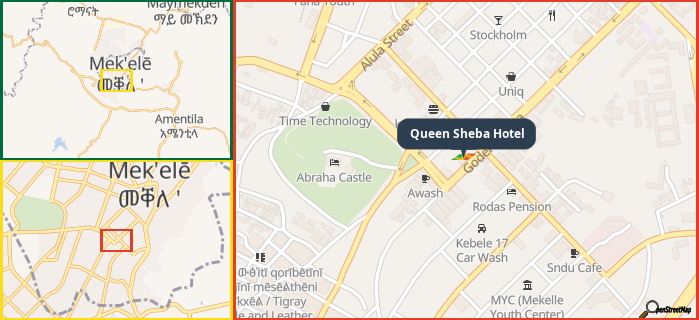 Map showing the address of Queen Sheba Hotel in three different zoom levels.