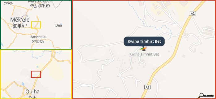 Map showing the address of Kwiha Timhirt Bet in three different zoom levels.