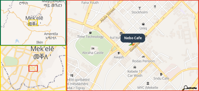 Map showing the address of Nebo Cafe in three different zoom levels.