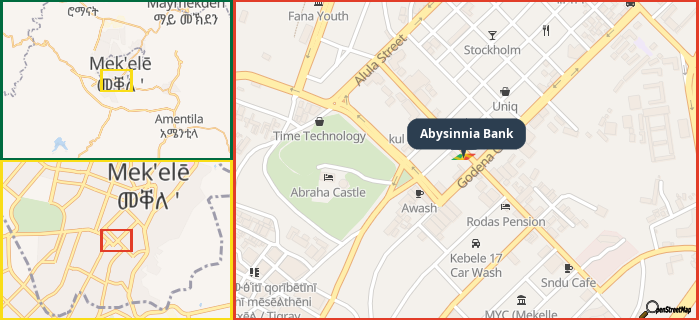 Map showing the address of Abysinnia Bank in three different zoom levels.
