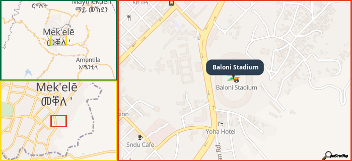 Map showing the address of Baloni Stadium in three different zoom levels.