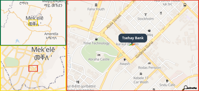 Map showing the address of Tsehay Bank in three different zoom levels.