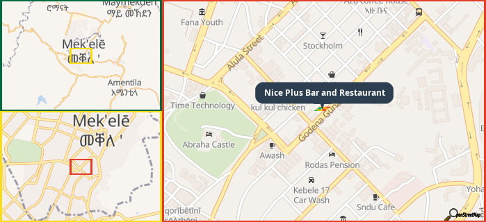 Map showing the address of Nice Plus Bar and Restaurant in three different zoom levels.