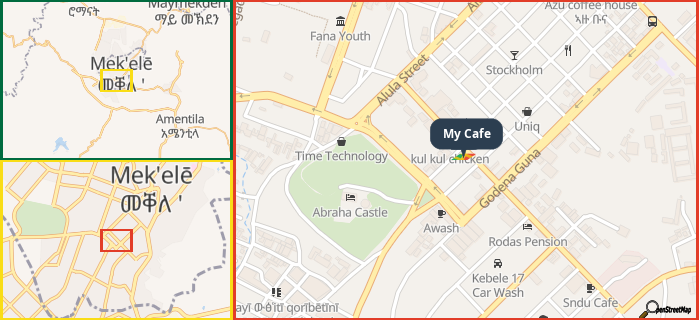 Map showing the address of My Cafe in three different zoom levels.
