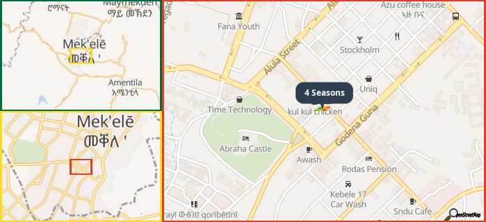 Map showing the address of 4 Seasons in three different zoom levels.