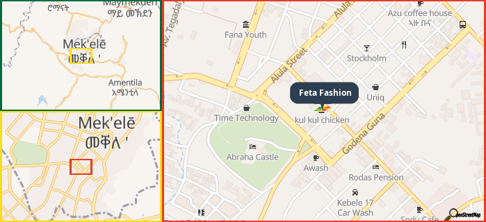Map showing the address of Feta Fashion in three different zoom levels.