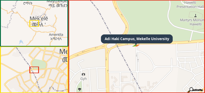 Map showing the address of Adi Haki Campus, Mekelle University in three different zoom levels.