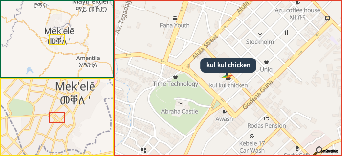 Map showing the address of kul kul chicken in three different zoom levels.