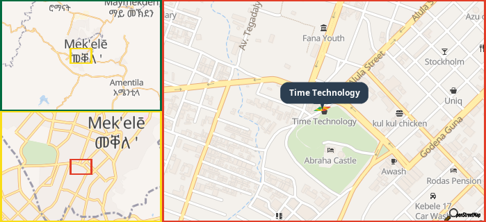 Map showing the address of Time Technology in three different zoom levels.