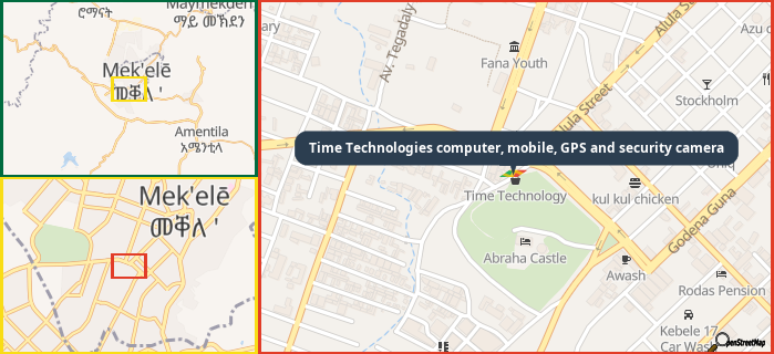 Map showing the address of Time Technologies computer, mobile, GPS and security camera in three different zoom levels.