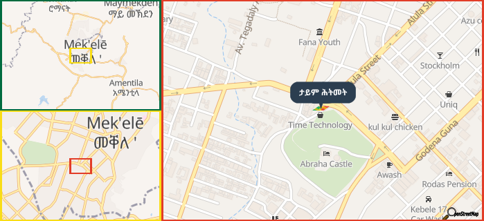 Map showing the address of ታይም ሕትመት in three different zoom levels.