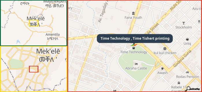 Map showing the address of Time Technology , Time Tishert printing in three different zoom levels.