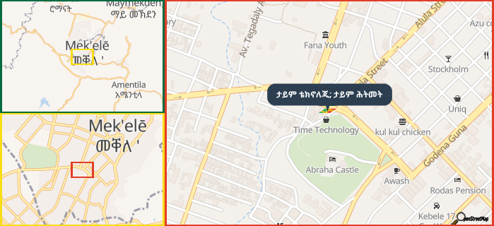 Map showing the address of ታይም ቴክኖለጂ; ታይም ሕትመት in three different zoom levels.