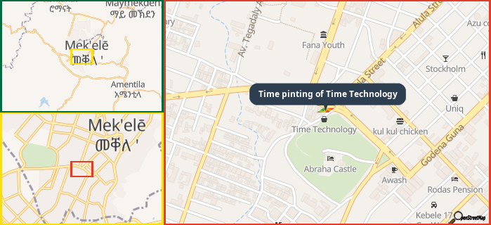 Map showing the address of Time pinting of Time Technology in three different zoom levels.