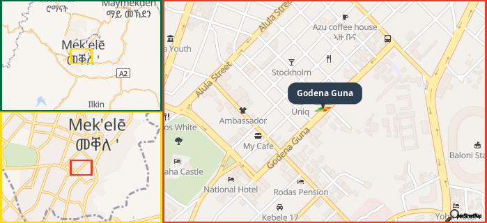 Map showing the address of Godena Guna in three different zoom levels.