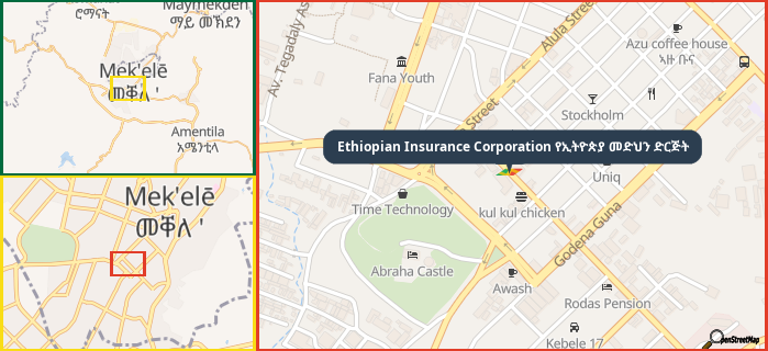 Map showing the address of Ethiopian Insurance Corporation የኢትዮጵያ መድህን ድርጅት in three different zoom levels.