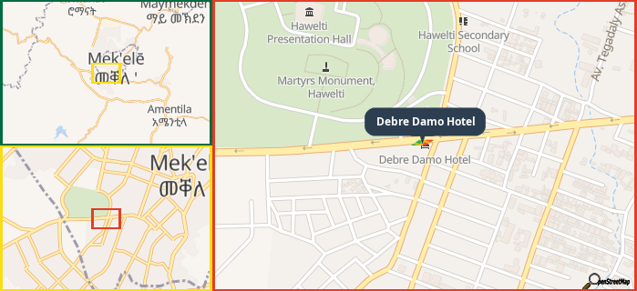 Map showing the address of Debre Damo Hotel in three different zoom levels.