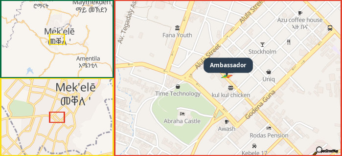 Map showing the address of Ambassador in three different zoom levels.