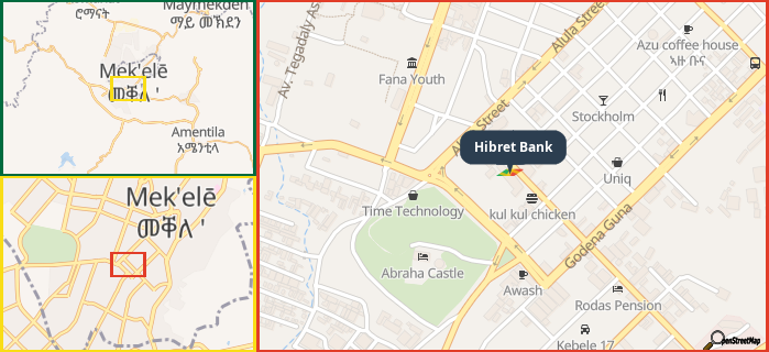 Map showing the address of Hibret Bank in three different zoom levels.