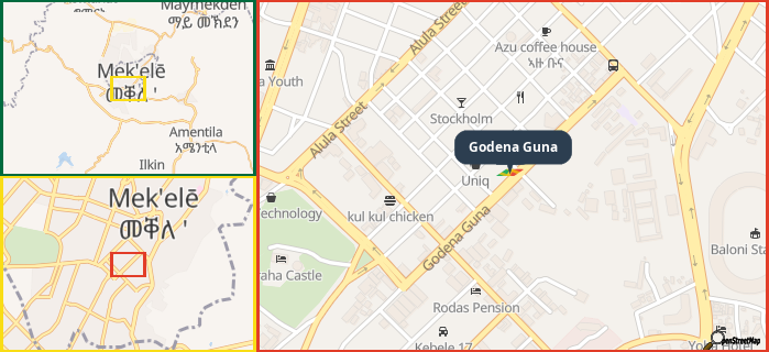 Map showing the address of Godena Guna in three different zoom levels.