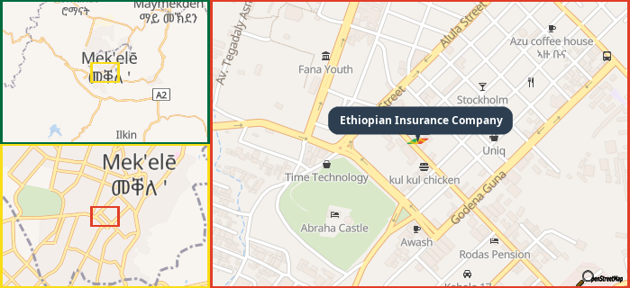 Map showing the address of Ethiopian Insurance Company in three different zoom levels.