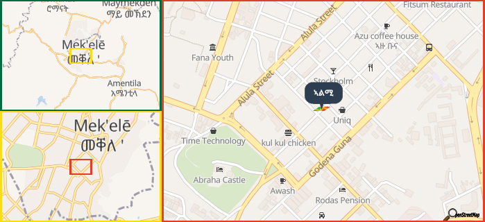 Map showing the address of ኣልሚ in three different zoom levels.